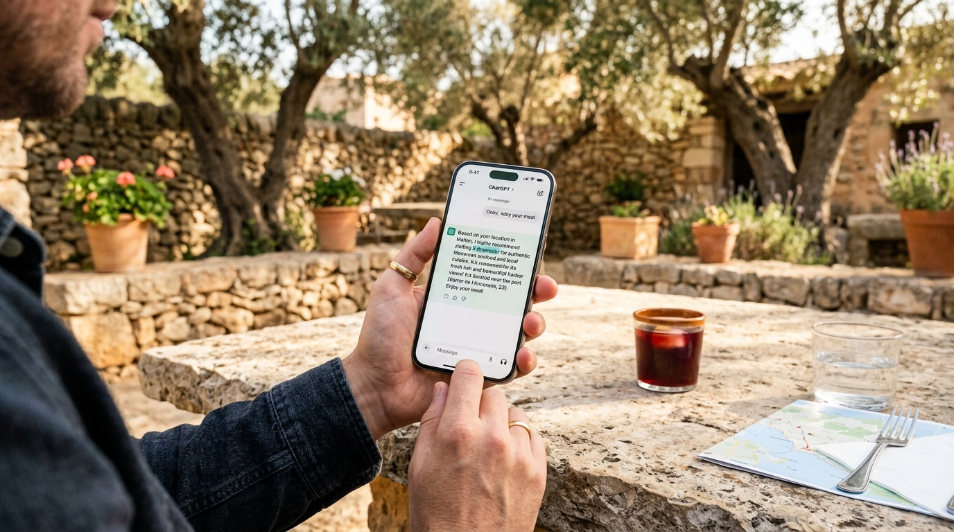 Persona con iPhone viendo recomendación de negocio en Menorca en ChatGPT