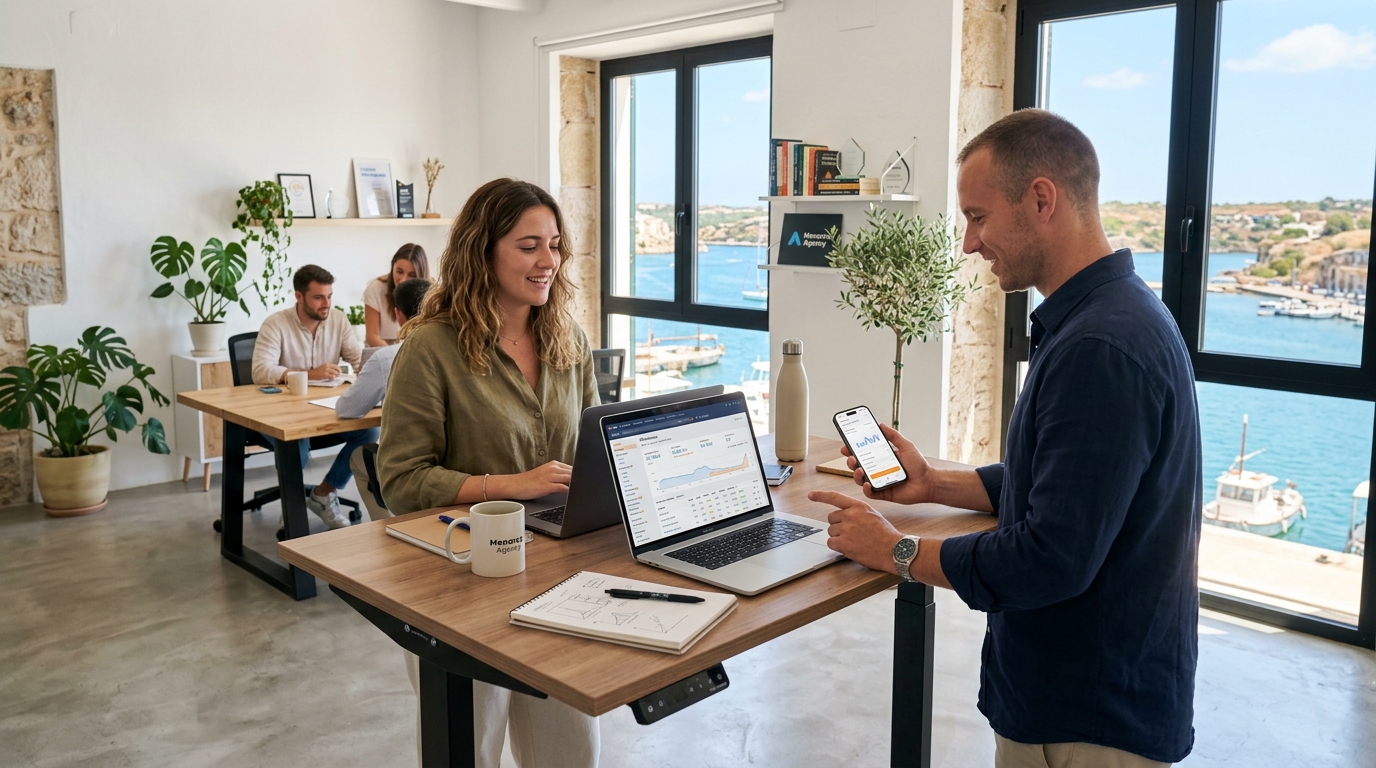 Equipo de agencia SEO en Menorca trabajando con MacBook y iPhone con vistas al puerto