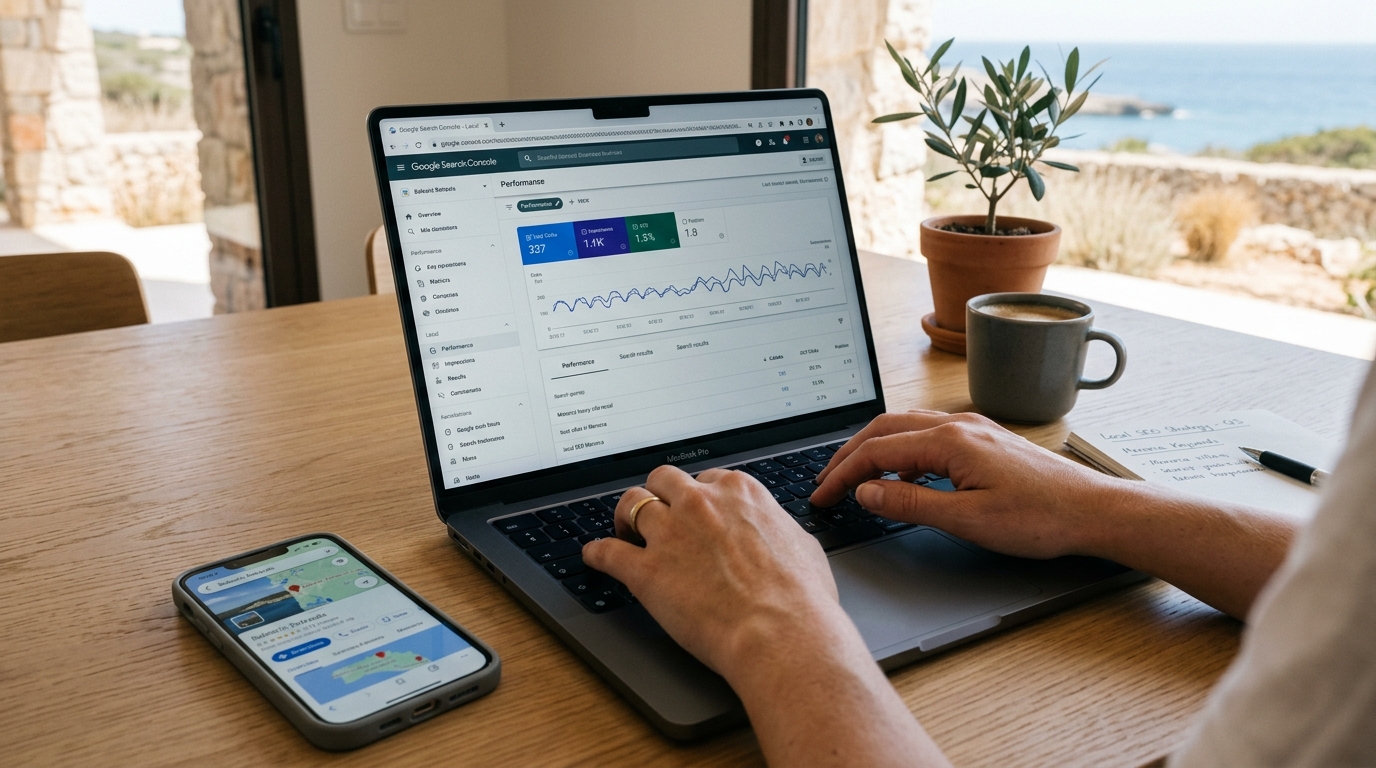 Google Search Console en MacBook Pro con iPhone mostrando Google Maps en Menorca